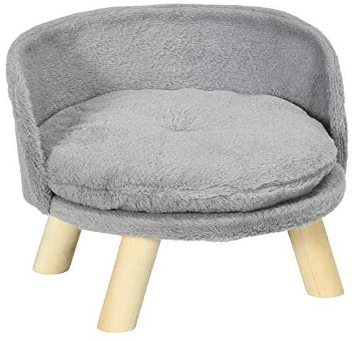 PawHut Cama Elevada para Perros, Cama para Perros y Gatos Miniaturas con Cojín Lavable, Alfombrillas Antideslizantes y Estructura de Madera, para Interior, Ø40,5x33 cm, Gris