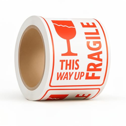 OFITURIA Etichette FRAGILE 4x4 (101x101 mm) – Rotolo 300 pezzi | Handle With Care/This Way Up | adesivi avvertenza per spedizioni, etichette pacchi e imballaggio professionale