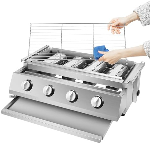 Asador de gas, 4 quemadores, parrilla de gas, camping de acero inoxidable, asador de gas con parrilla, parrilla de mesa, altura ajustable para camping, balcón, jardín