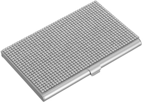 WEKAMOS Tarjetero Metálico de Aleación de Aluminio Plateado con Brillantes de Imitación, Diseño Delgado y Portátil, Estuche para Tarjetas de Visita para Oficina y Negocios, Organizador