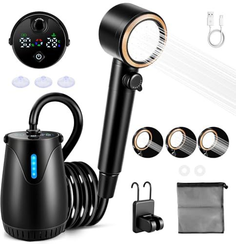 Fuutilake Campingdusche Tragbare mit 8000mAh Akku, Outdoor Dusche mit 3 Wasserabgabemodi, Mobile Dusche mit Temperaturanzeige & Schlauch, Sicher für 0-50°C, für Camping, Wandern, Haustiere (Schwarz)
