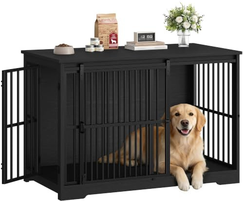 Hzuaneri Cage pour Chiens, 119 cm Cage Chien, 2 Portes, Noire | Table d’Appoint, Niche Moderne pour Chiens, XXL, Maisonnette pour Animaux, 119 × 70 × 88 cm, DFC94404B