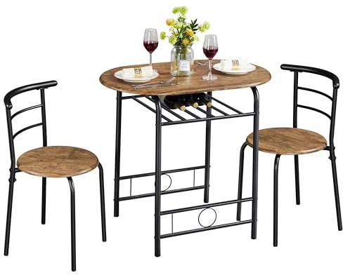 Soberine Set Tavolo Moderno con 2 Sedie per Sala da Pranzo, Set 3 Pezzi Mobili Salvaspazio da Cucina Balcone Ristorante Bar per 2 Persone in Legno e Metallo Portata Marrone Retro 80 x 53 x 75,5 cm