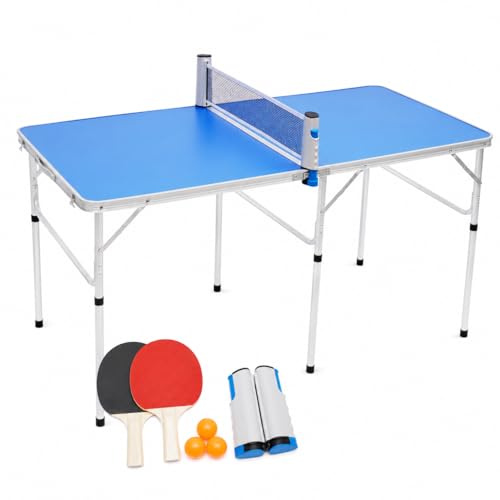Mini tavolo da ping pong, 152 x 76 x 76 cm, pieghevole e portatile con manico, set da ping pong per interni ed esterni, con rete, 2 racchette e 3 palline, colore blu, per bambini e adulti