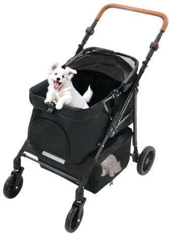 Poussette pliable pour chien jusqu'à 15 kg, poussette pour animaux de compagnie avec fenêtres en maille et frein, poussette pliable pour chiens de petite et moyenne taille