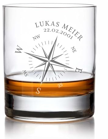 AMAVEL Whiskyglas mit Gravur Kompass, Personalisierte Geschenke mit Namen und Datum, Whiskey Geschenke für Männer, Tumbler Glas, Füllmenge: 320 ml