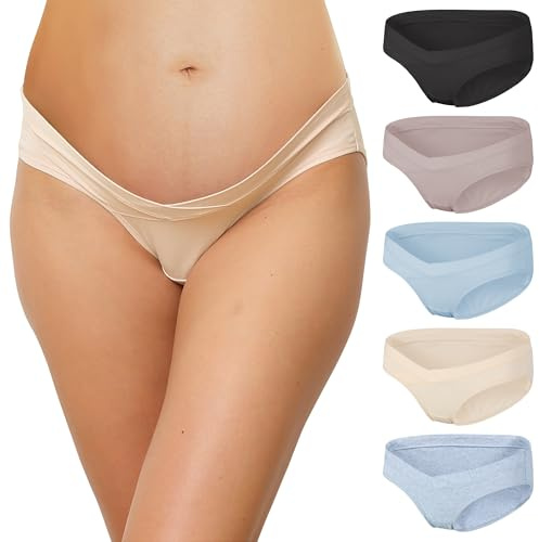 INNERSY Mutande Donna Gravidanza Cotone Slip Premaman Vita Bassa a Forma di V Intimo Pacco da 5 (L, 4 Colori Chiari, 1 Nero)