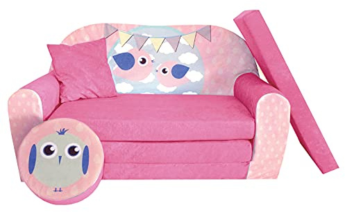 FORTISLINE Canapé XXL pour enfant pliable 2 places - Canapé pour enfant avec tabouret et coussin - Canapé pour chambre d'enfant avec surface de couchage 160 cm - Certifié Öko-Tex - Rose