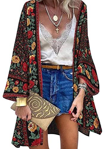 Vancavoo Kimono de Playa para Mujeres Cover Up Floral Cárdigan Bohemia Suelto Verano Blusa Chal Sexy Playa Traje de Baño Camisolas Playa Mujer(Negro-Flor,M)