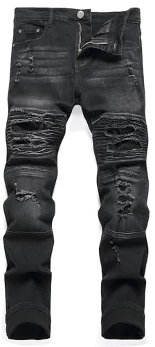 AITITIA Men's Jeans, Biker Zipper, Deco, Washed, Straight Fit, 26