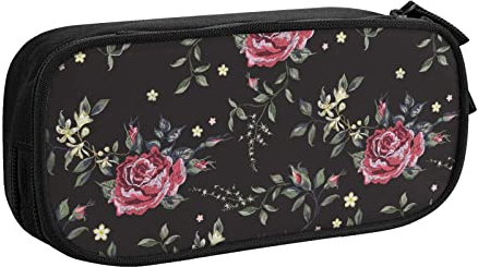 FJAUOQ Red Roses Pencil Case Compartments Pen Pouch Box Multifunctional Makeup Bag Holder Large Storage Stationery Organizer with Zipper for Office Travel