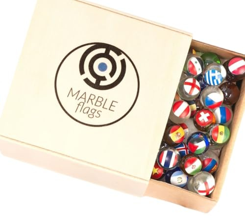 MARBLEFLAGS Kit da collezione biglie con bandiere | 30 marmi casuali & scatola di legno