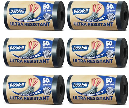 Bacofoil Ultra Resistant Bin Liners with Drawstring Handles 50L - Leak-Proof and Tear Resistant Bin Bag with Ultra Protection Technology (6 Rolls, 60 Bags)