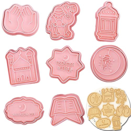8 stycken Eid Mubarak kakformar, kakformar muslimskt set, islamisk ramadan, kakskärare 3D kakformar, gör-det-själv tårta bakning fondant festdekoration kakskärare kakform