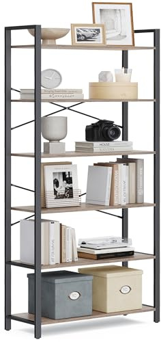 VASAGLE 6-Tier Bookshelf, Bookcase, Shelving Unit, for Office, Study, Living Room, Bedroom, 30 x 80 x 186 cm, Industrial, Heather Greige and Ink Black LLS082B02