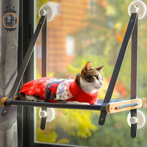 Hamaca Ventana para Gato con Madera de Bambú - 5 Ventosas 3.0 Super Resistentes - Cama Gato Ventana con Tela Oxford Transpirable-Instalación Facil (Manual Incluido)-[Hamaca Letvan 1 Unidad]-Budosín