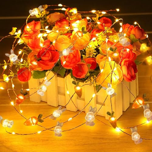 Lichterkette Ostern, 30 LED Hase Karotte, LED Osterdeko Lichterkette, Hasen Lichterkette Ostern, LED Ostern Lichterkette, Hase und Karotte LED Lichterkette für Innen Außen DIY Osterparty