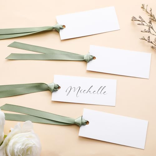 Humyoun 50 Pcs Name Place Cards for Table Setting Blank Wedding Place Cards with Satin Ribbon 1.57 x 3.54 Inch Hanging Gift Tags for Wedding Dinner Banquet Party Table Setting Supplies(Sage Green)