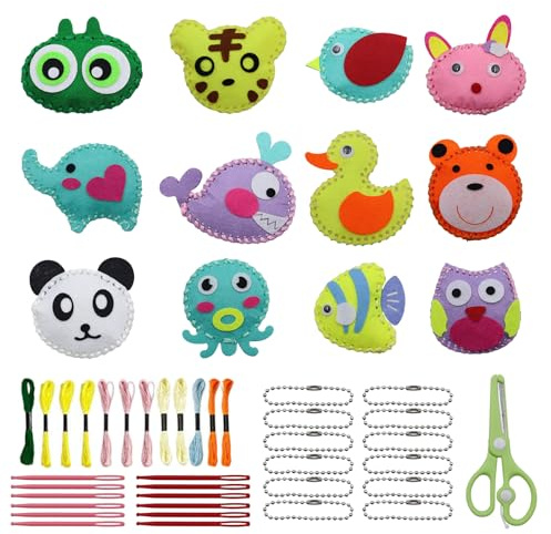 CONNECTION 12 Pièces Kit Couture Enfant de Forêt Animaux Kits d'Artisanat en Feutre Jouets à Coudre DIY Kit de Couture pour Enfants Avec Ciseaux pour Enfants de 6 Ans et Plus Adapté aux Débutants