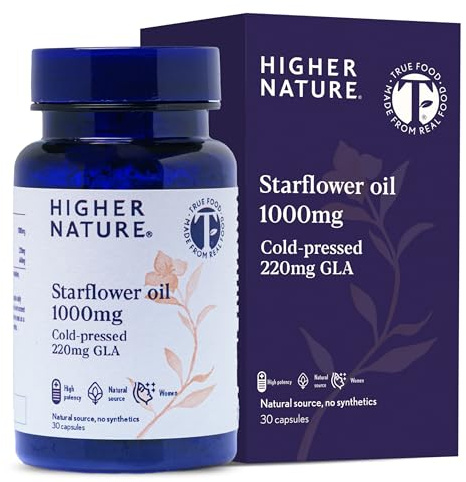 Higher Nature Starflower Oil Capsules True Food® - 1000mg, 30 Capsules | 220mg GLA Cold-Pressed Borage Oil Capsules, A Natural Source Of Omega 6 For Women's Hormone, PMS, Menopause & Skin Support