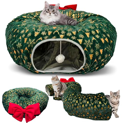Tunnel per gatti rotondo con cuscino letto, multifunzione, pieghevole, con palla da gioco, tunnel per gatti rotondo con cuscino rimovibile, con tappetino rimovibile e palline tremanti Tunnel de Felpa