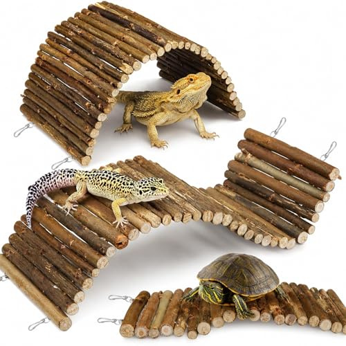2-Pack Bendable Wooden Bridge Reptile Hide (with Hooks) - Natural Wood Tortoise Accessories & Bearded Dragon Hide - Ramp Reptile Decor for Small Animal Exploration