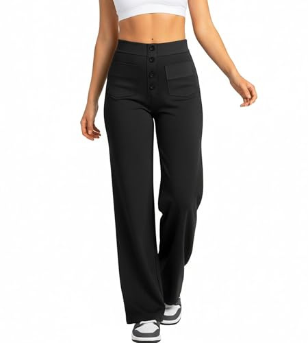 Neteson Pantalon Femme Taille Haute Elegant Pantalon Palazzo à Jambe Large | Décontracté Pantalons Loisirs Travail Stretch de Yoga avec Poches