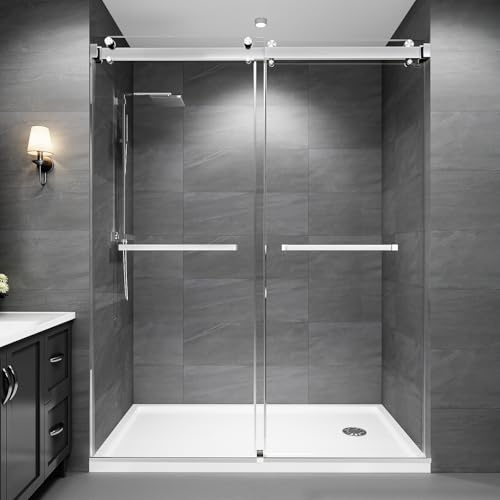 Dyvalis 55-60 W x 72H Frameless Double Sliding Shower Door for Walk-In Shower,5/16 (8mm) SGCC Certified Clear Tempered Safety Glass,Easy-Clean Coating,Quiet Heavy-Duty Roller System,Brushed Nickel
