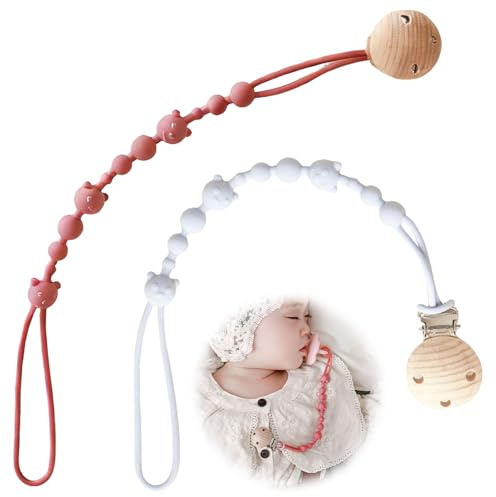 2 Pcs Silicone Dummy Clip,Soother Chains with Adorable Bear Design for Baby | 2 cute bear colors, sturdy wood clip, food-grade silicone, teething-safe, great gift, easy-clean.