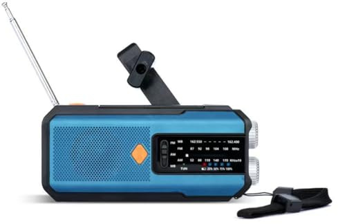 Bosiyrggrl Lampe de Poche LED Portable Radio d'urgence à Manivelle Solaire 5000mAh Haute Qualité Annonceur SOS Récepteur FM Mondial Bleu