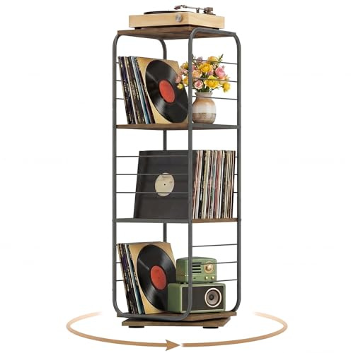 COSTWAY Mueble Tocadiscos de Vinilo para 280 LPs, Estantería Giratoria para Vinilos de 4 Niveles, Giratoria 360°,Metal, Soporte de Tiscos para Salón, 40x40x115cm (café)