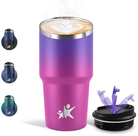 Motswedi Termo Cafe 600 ML, Reutilizables, Vaso Termico Cafe Antigoteo para Coche, Acero Inoxidable 304, Taza Termica Para Llevar, Termo Café Hermético - Violeta & Rojo rosado