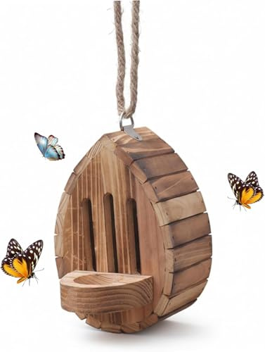 Butterfly House For Garden | Teardrop-shaped Wooden Bee Butterfly Feeder Hotel | Butterflies Feeding Station Habitat & With Rope For Outside Garden Decor