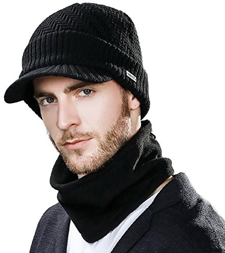 Comhats Winter-Set mit Wollgestrickter Schirmmütze und Fleece-Schal/Halswärmer für Herren und Damen - Warme gestrickte Schirmmütze 69311_Schwarz L
