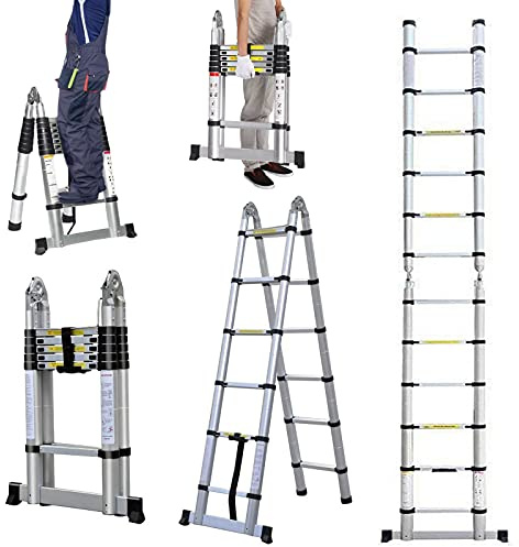 Telescoping Ladder 3.8M 12.5FT 330lb Capacity Extension Loft Ladders Lightweight A Frame Straight Stepladders Expandable Aluminum Anti-Slip Multi Function Portble Compact Retractable EN131