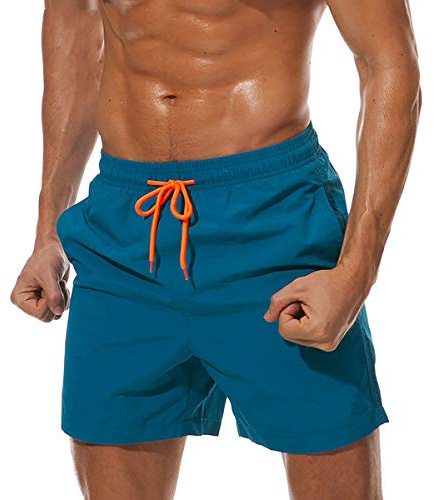 Qrity Homme Shorts de Plage, Short de Bain avec Poches, Séchage Rapide, Cordon de Serrage Réglable pour Vacance Natation Piscine, Bleu Paon -M