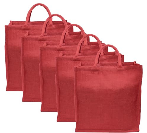 CleverDelights Red Jute Burlap Shopping Bags - 5 Pack - 16 x 17 x 8 - Reusable Travel Tote Bags - 16x17 Inch