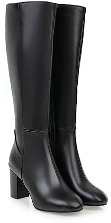 Botas hasta la rodilla para mujer Tacón grueso Punta redonda Botas hasta la rodilla con cremallera lateral Tacones de bloque de cuero sintético Botas de montar de pantorrilla ancha más,Negro,45
