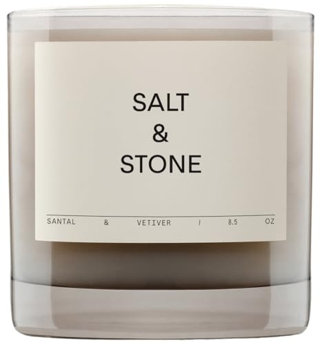 Salt & Stone Scented Candle for Women & Men | Coconut & Soy Blend Wax | Hand-Poured, Aromatic & Fragrant | 100% Cotton Wick | Long-Lasting 50 Hour Burn Time | Santal & Vetiver 8.5 oz