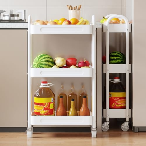 ZHYOCOGY Slim Metal Storage Trolley, Narrow Rolling Cart with Wheels, 18cm Wide Utility Rack for Bathroom, Kitchen, Laundry, Toilet Side, Carbon Steel Organizer with Mesh Baskets (White, 3 tTier)