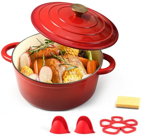 Parmedu Casseruola in Ghisa Smaltata - Forno Olandese Antiaderente con Coperchio - Cocotte Rotonda Adatta a Piani Cottura e Forni a Induzione