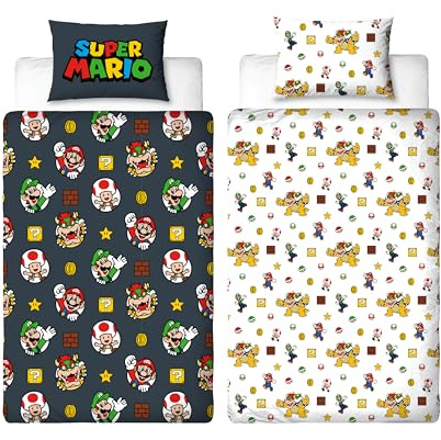 Nintendo Super Mario - Set copripiumino singolo ufficiale Mario, Luigi e Bowser, double-face, colore nero, prodotto ufficiale, con federa coordinata