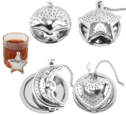 4 PCS Cute Loose Tea Strainers, Loose Leaf Tea Infuser, Filters with Extended Chain and Tea Infuser Tray, Reusable Fine Mesh Tea Interval Diffuser, Tea Filters for Loose Leaf Tea, Spice Mugs Teapots
