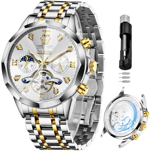 OLEVS Silver Watches for Men Automatic Luxury Tourbillon Mechanical Men Watch Self Winding Stainless Steel Business Dress Men Watch Large
