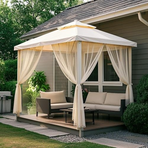 BTTO - Cortinas para Exteriores, Juego de 2 Cortinas, Mosquitera de Exterior, Visillo Cortinas Transparentes, con Bricolaje Ajustable, para Patio, jardín, Gazebo, Beige, L160 x 305 cm