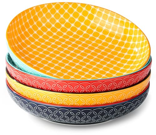 DOWAN Pasta Bowl Set of 4, Large Salad Bowls, Ø 25.2 cm Porcelain Serving Plates, Wide and Shallow Ceramic Bowl for Kitchen, Pasta, Salad, Fruit, Noodle, Dinner, Microwave & Oven Safe, Vibrant Color