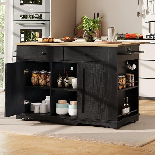 Oslghy Isla De Cocina, Carro de Cocina con Encimera Extensible, Mueble Auxiliar de Salon con Ruedas y Tomas de Corriente, Mueble Buffet con Cajones y Puertas, 151.5x59.7-84.7x91.7cm (Negro)