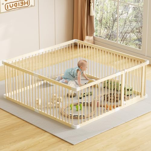 LOVMOR Large Wooden Baby Playpen, Adjustable Gate for Toddler and Babies, Sturdy Security Baby Fence Play Yard with Door (71.5 * 60 * 24 Inch)