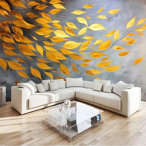 Panoramic Custom Photo Wallpaper Wall Mural Elegance Minimalism Golden Leaves, Light Gray Photo Wall Mural 157 x 110 inch (W x H) for Bedroom Living Room and Office Decoration