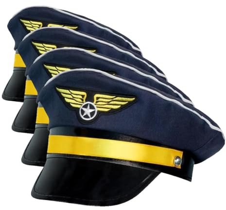Boland 01253 - Gorra de piloto para adultos, talla ajustable, azul oscuro con dorado, capitán, aviador, profesión, lema fiesta, carnaval (Paquete de 4)